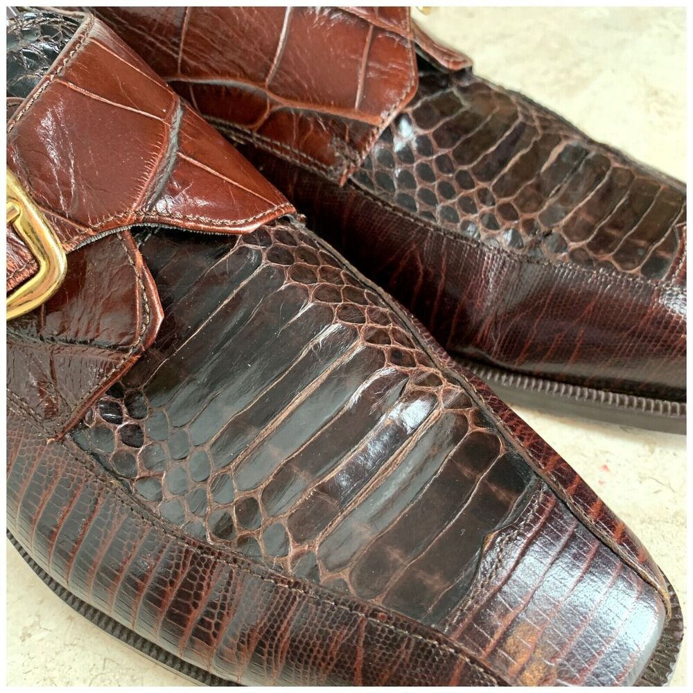 Stacy Adams Monk Strap Mens Dress Shoes Size 9 Genuine Snakeskin Brown Leather - Picture 3 of 12